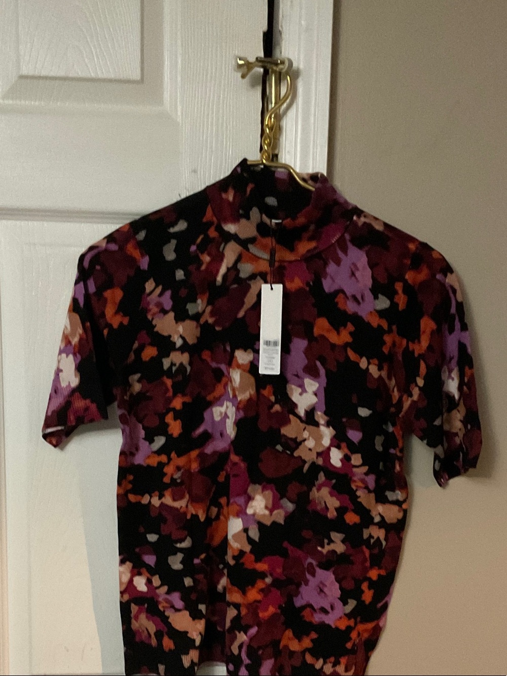 Chico's Short-Sleeve Mock Neck Sweater in Purple Multi Print